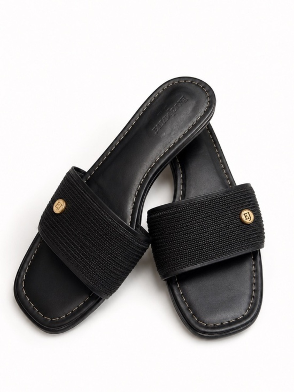 Eric Javits 8.5 Black Gold 1" Heel Slip on Sandal Woven Upper Leather Sole